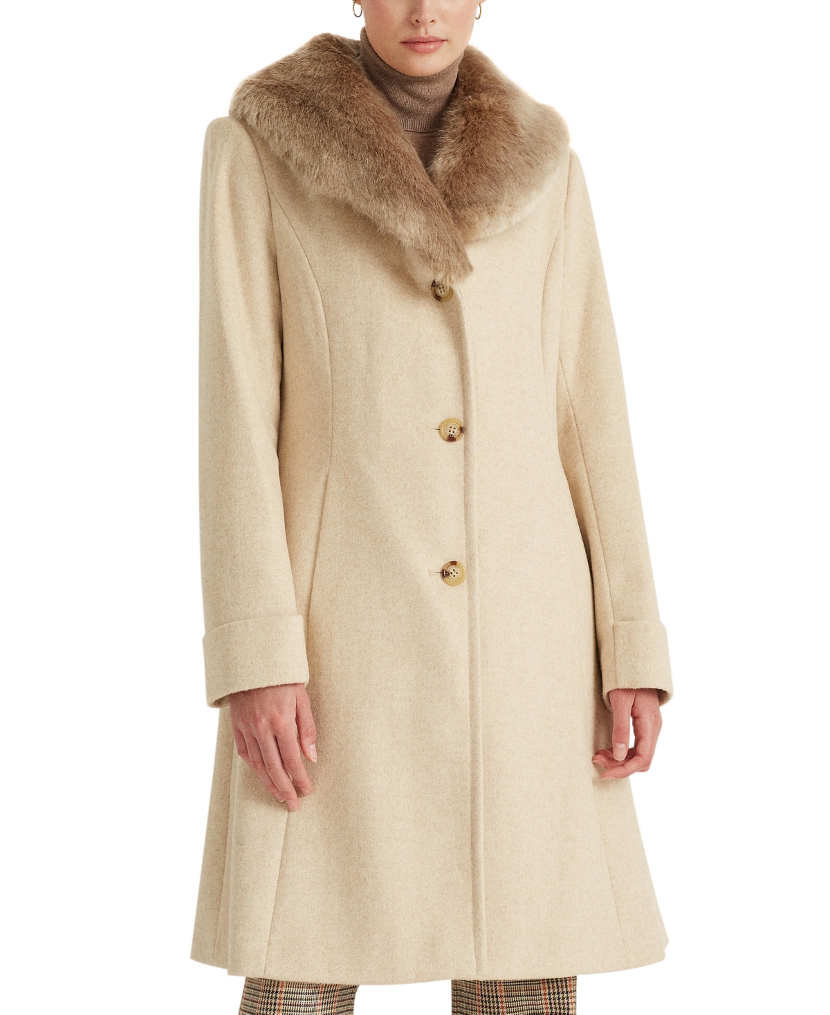Lauren Ralph Lauren Women's Plus Size Faux-fur-trim Walker Coat In Cream,beige