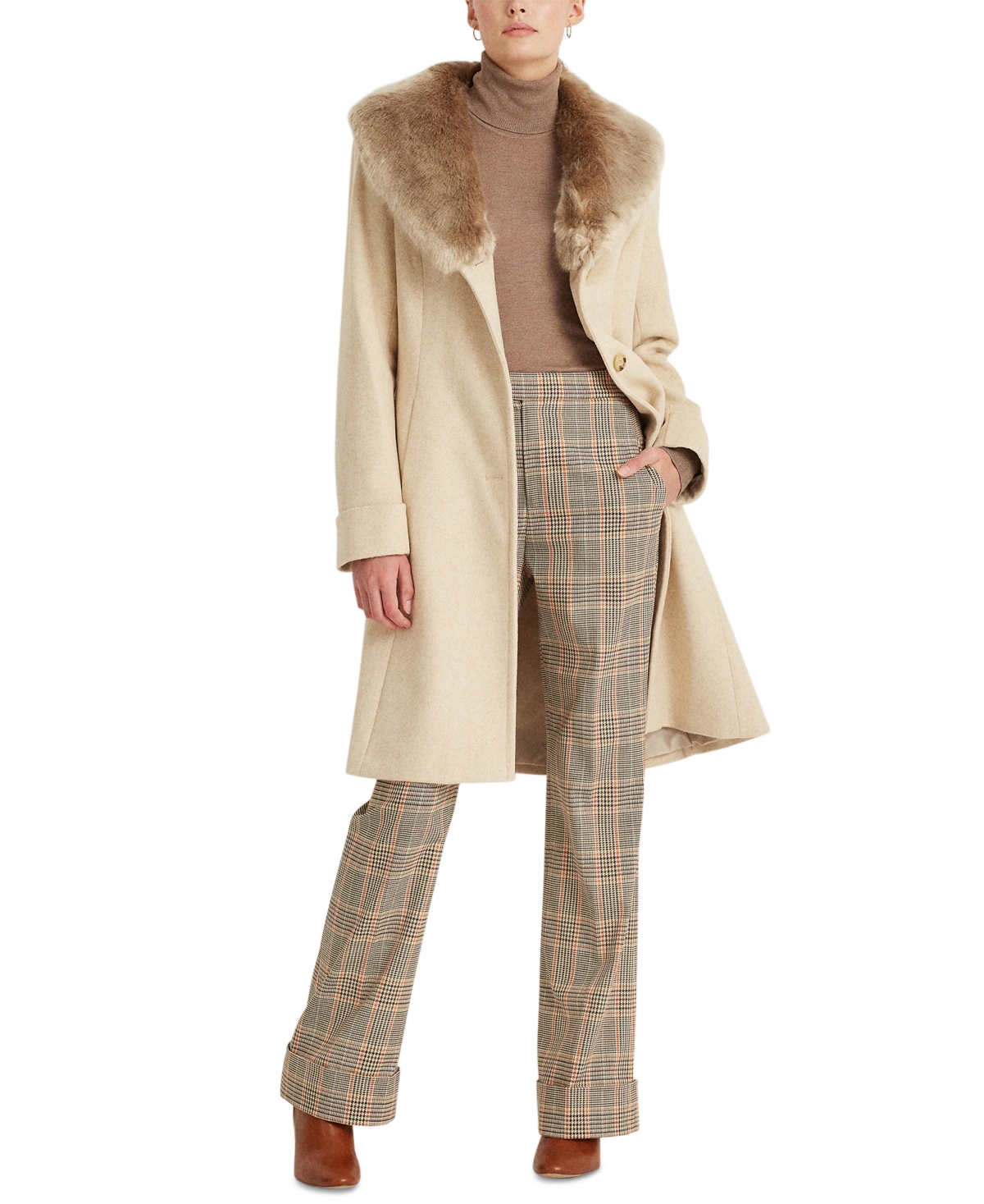 Lauren Ralph Lauren Women's Plus Size Faux-fur-trim Walker Coat In Cream,beige