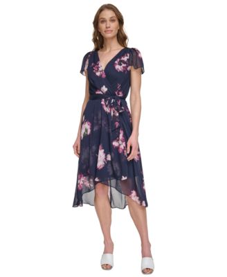 DKNY Petite Floral-Print Flutter-Sleeve Faux-Wrap Dress Macy's