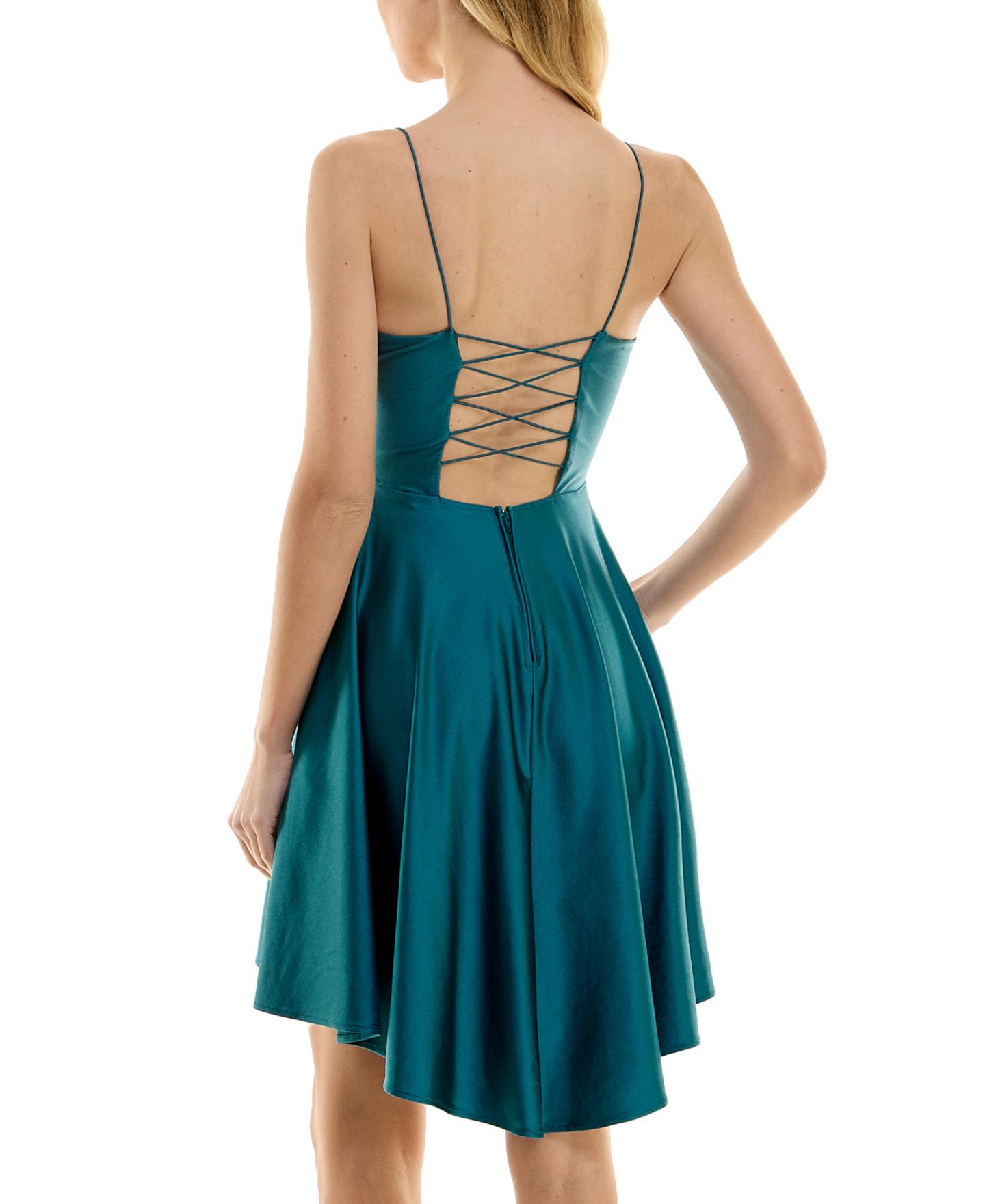 Женское платье City Studios Juniors' Plunge-Neck Lace-Up Skater, цвет: Тёмный бирюзовый — фото 2