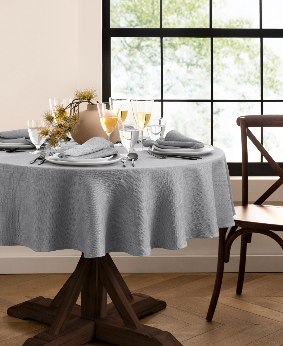 Elrene Laurel Solid Texture Water And Stain Resistant Tablecloth, 70" Round In Gray
