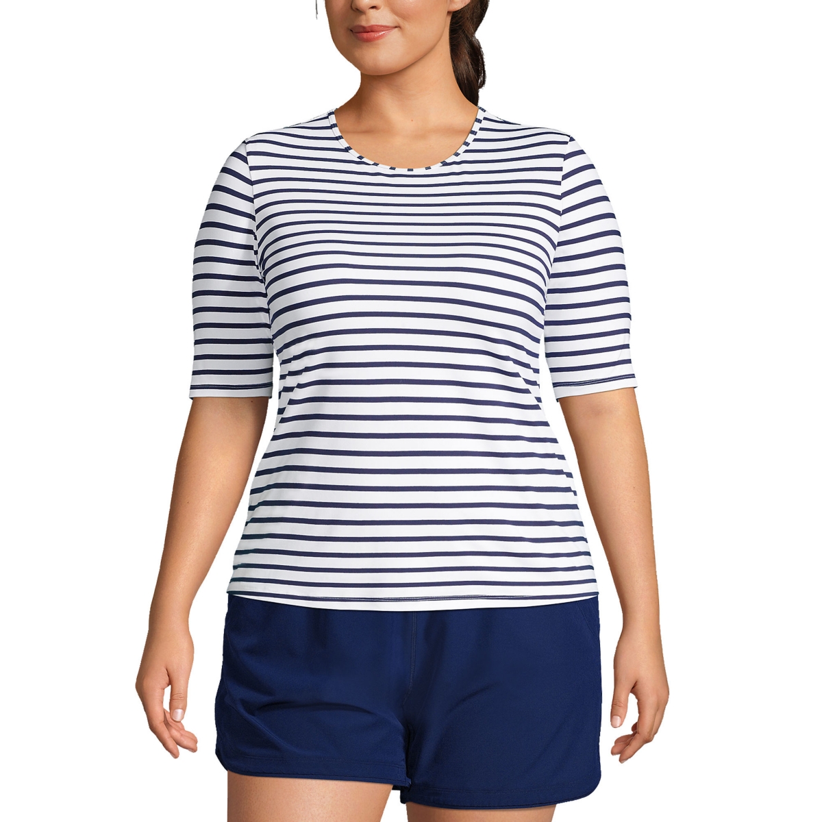 Lands' End Plus Size Crew Neck Elbow Sleeve Rash Guard Upf 50 Sun Protection Modest Swim Tee Print -deep sea stripe