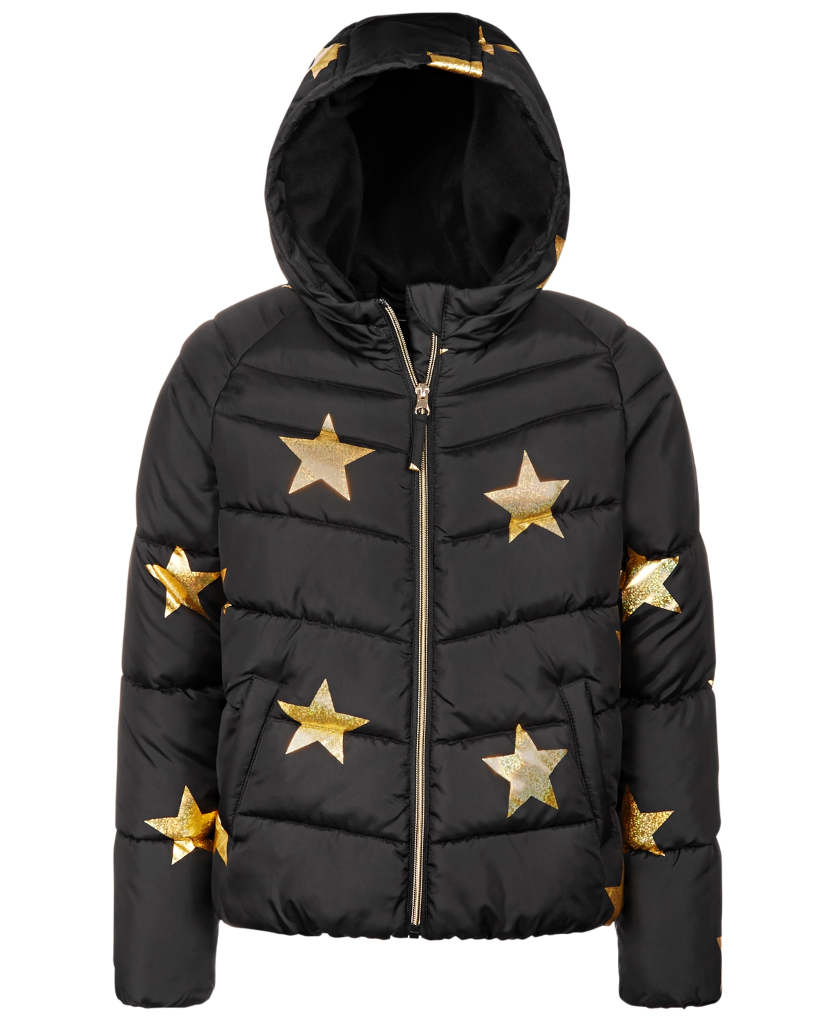 S Rothschild & Co Big Girls Gold Star Foil Printed Puffer Coat In Black
