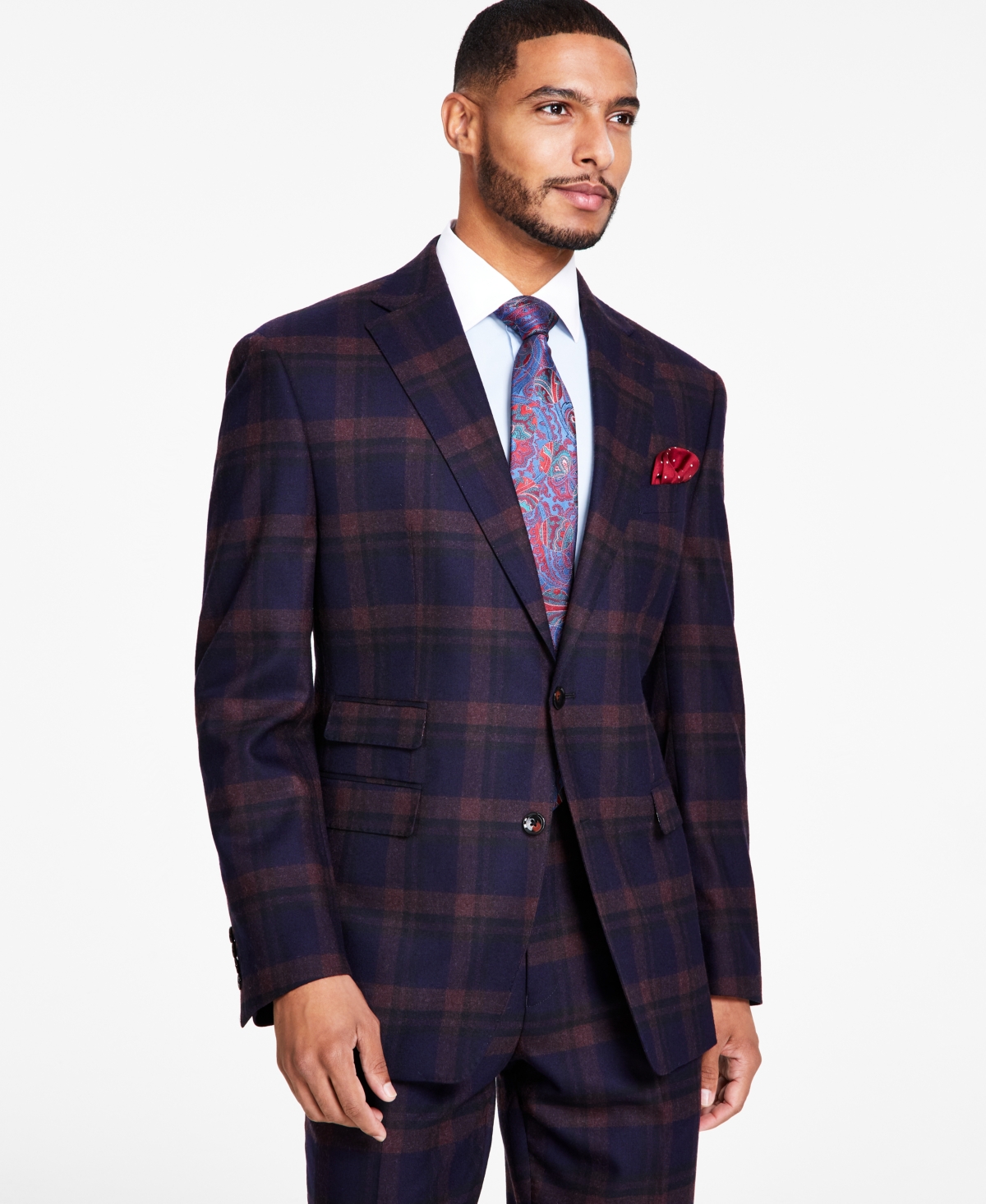 Men's Classic-Fit Navy & Burgundy Plaid Suit Separates Jacket - Navy/burgundy Plaid