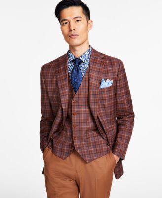 Tayion Collection - Men's Classic-Fit Brown & Blue Plaid Suit Separates Jacket