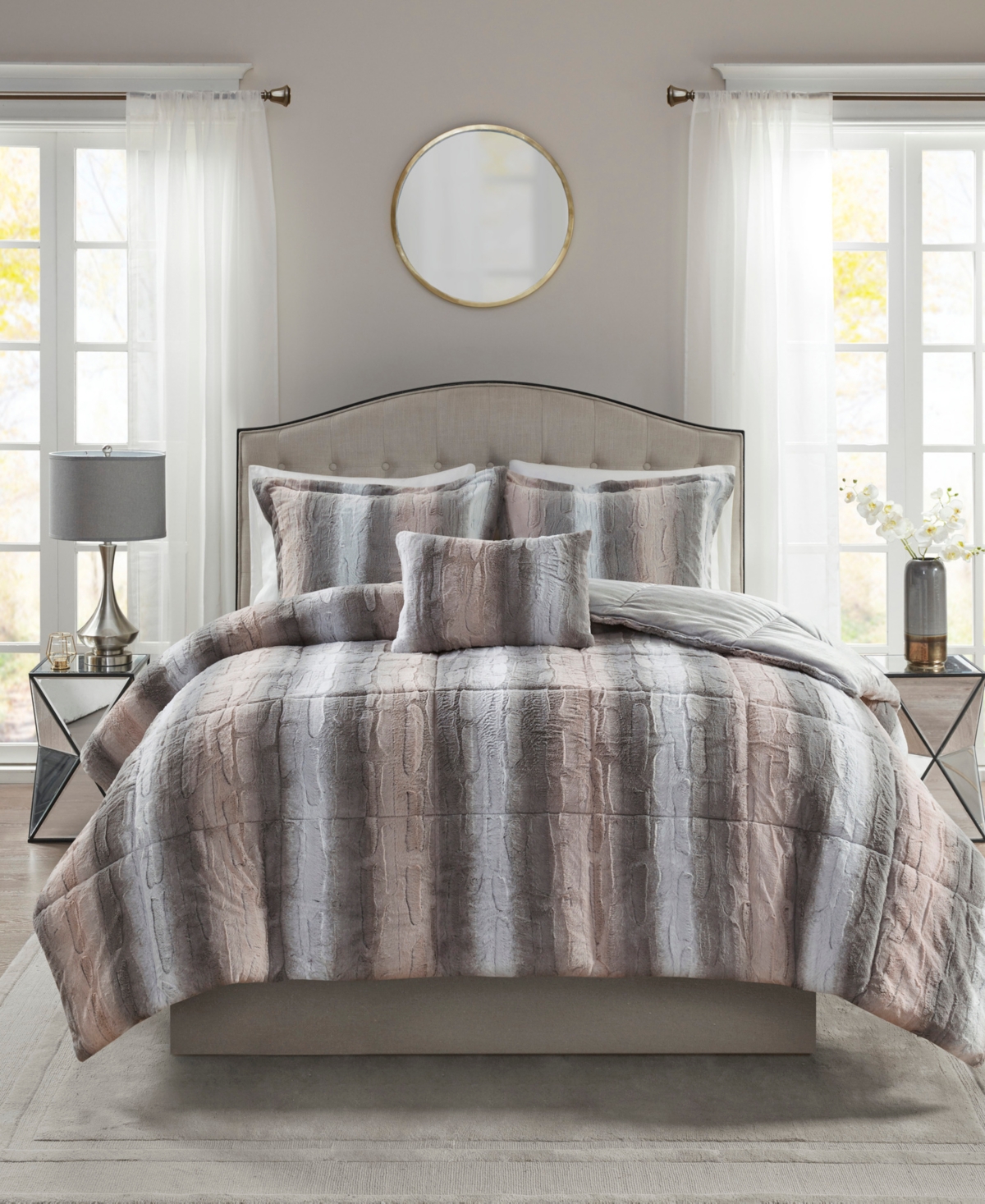 Madison Park Zuri Faux-fur 4-pc. Comforter Set, Full/queen In Blush,grey