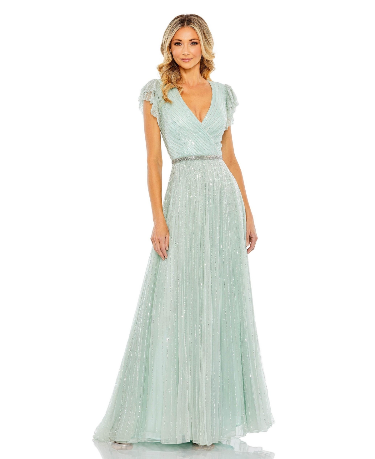 Women's Sequined Wrap Over Ruffled Cap Sleeve Gown - Seamist