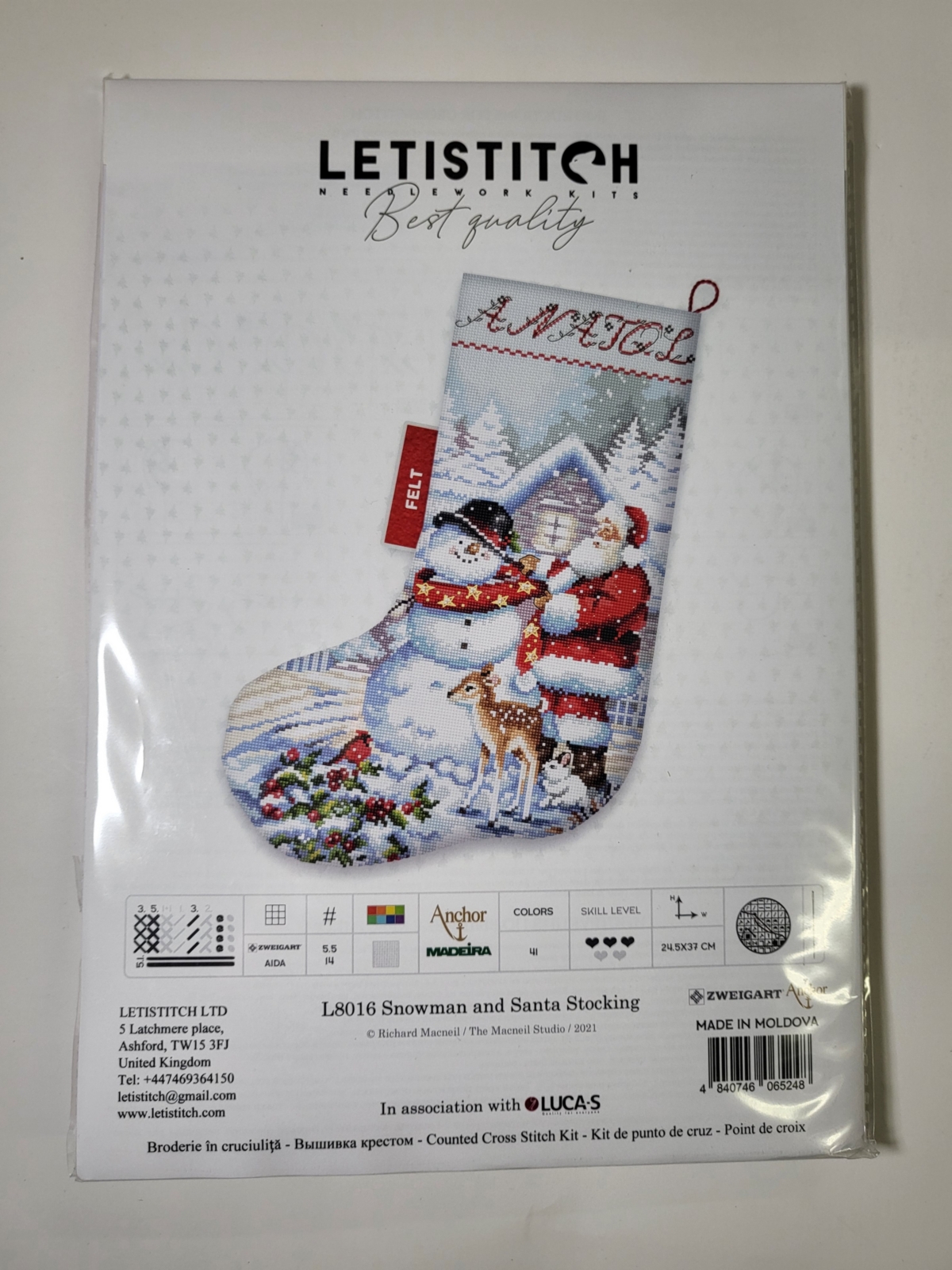 Counted Cross Stitch Kit Snowman and Santa Stocking L8016 - Assorted Pre-pack