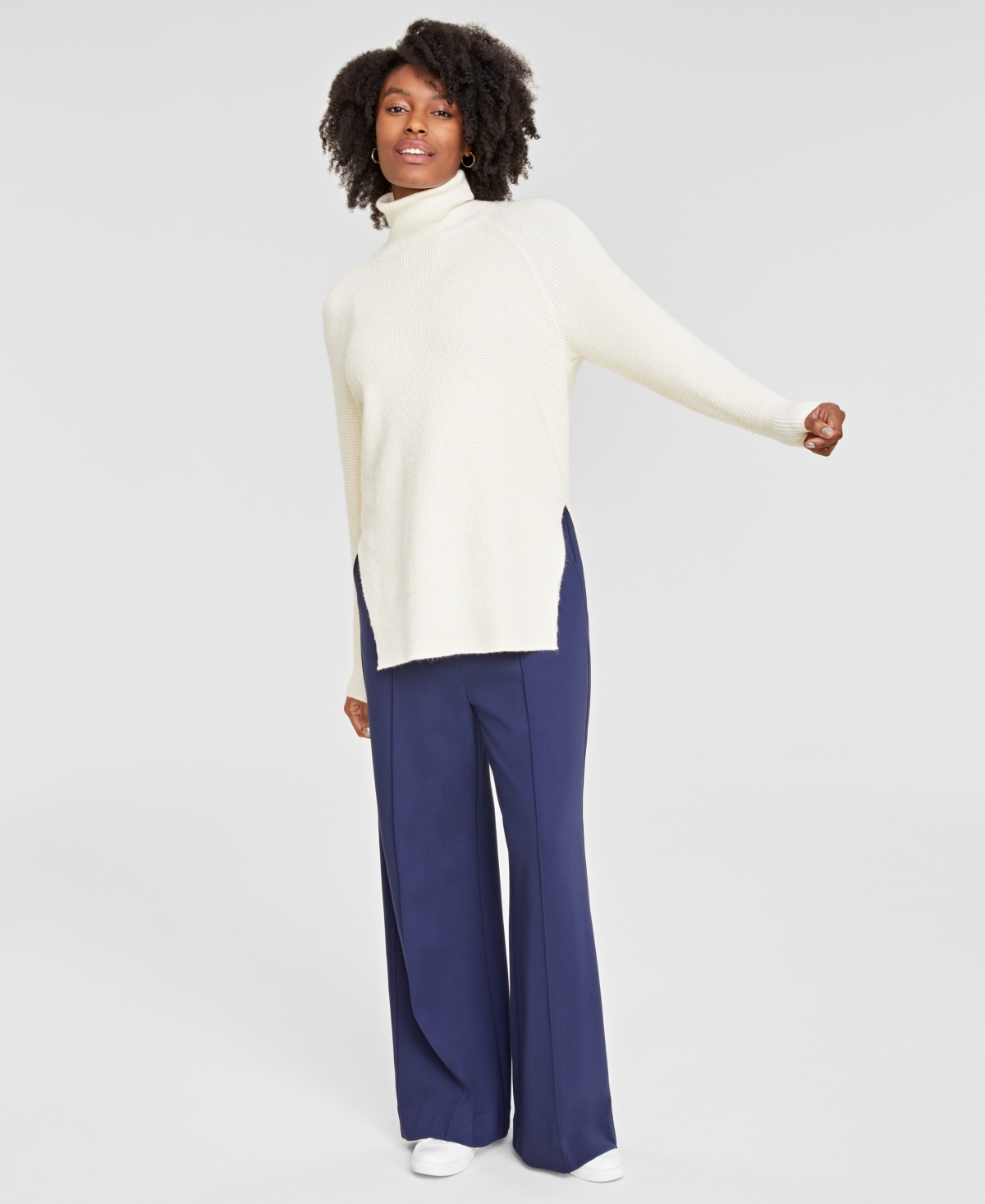 Women's Turtleneck Waffle-Knit Tunic Sweater, Created for Macy's - Alabaster