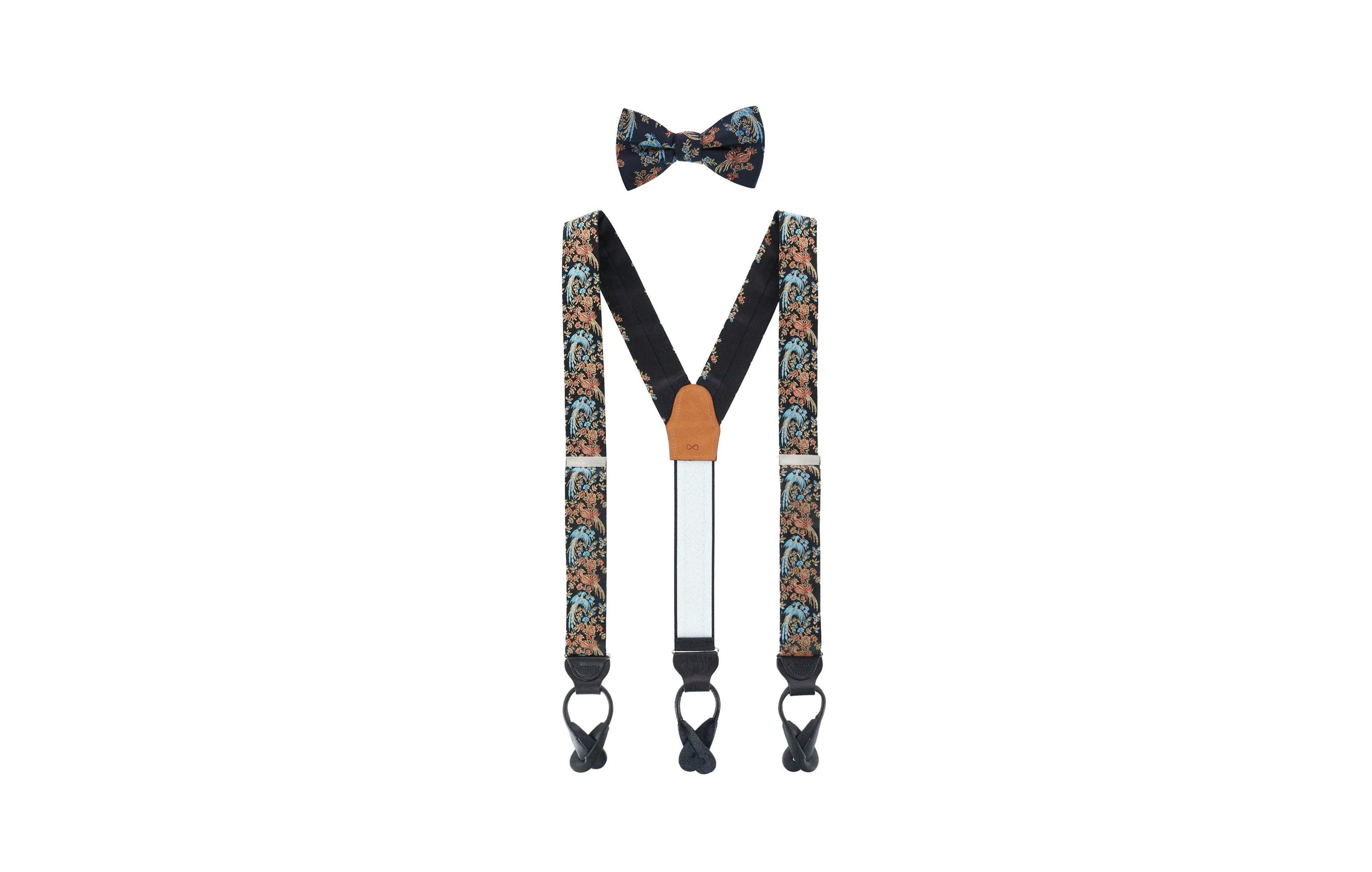 Trafalgar Men's Birds of Prosperity Silk Button End Suspenders and Bow Tie Set