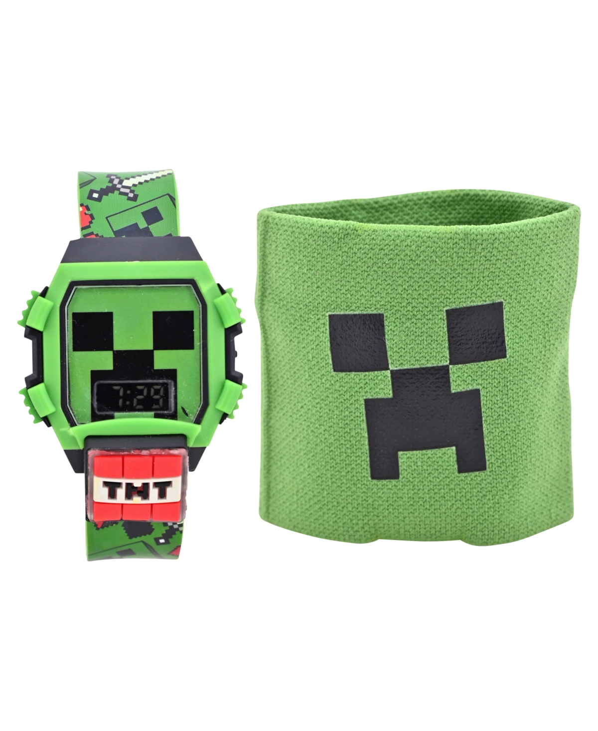 Accutime Kids Unisex Minecraft Creeper Green And Black Silicone Watch 36mm Set