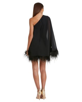 Women's One Shoulder Trapeze Dress with Feather Trim