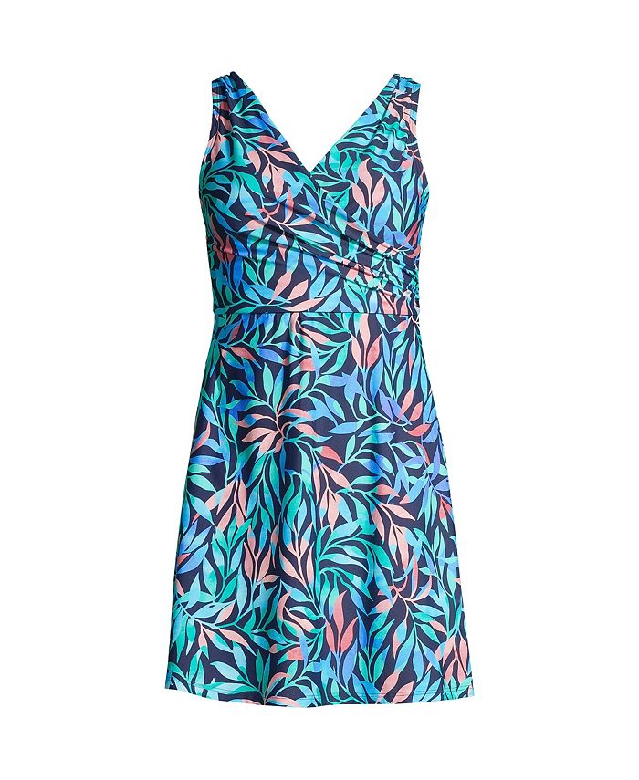 Lands' End Women's DCup Tummy Control Surplice Wrap Swim Dress One