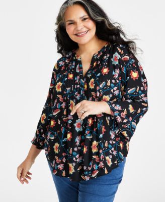Style & Co - Plus Size Printed Pintuck-Pleat 3/4-Sleeve Top