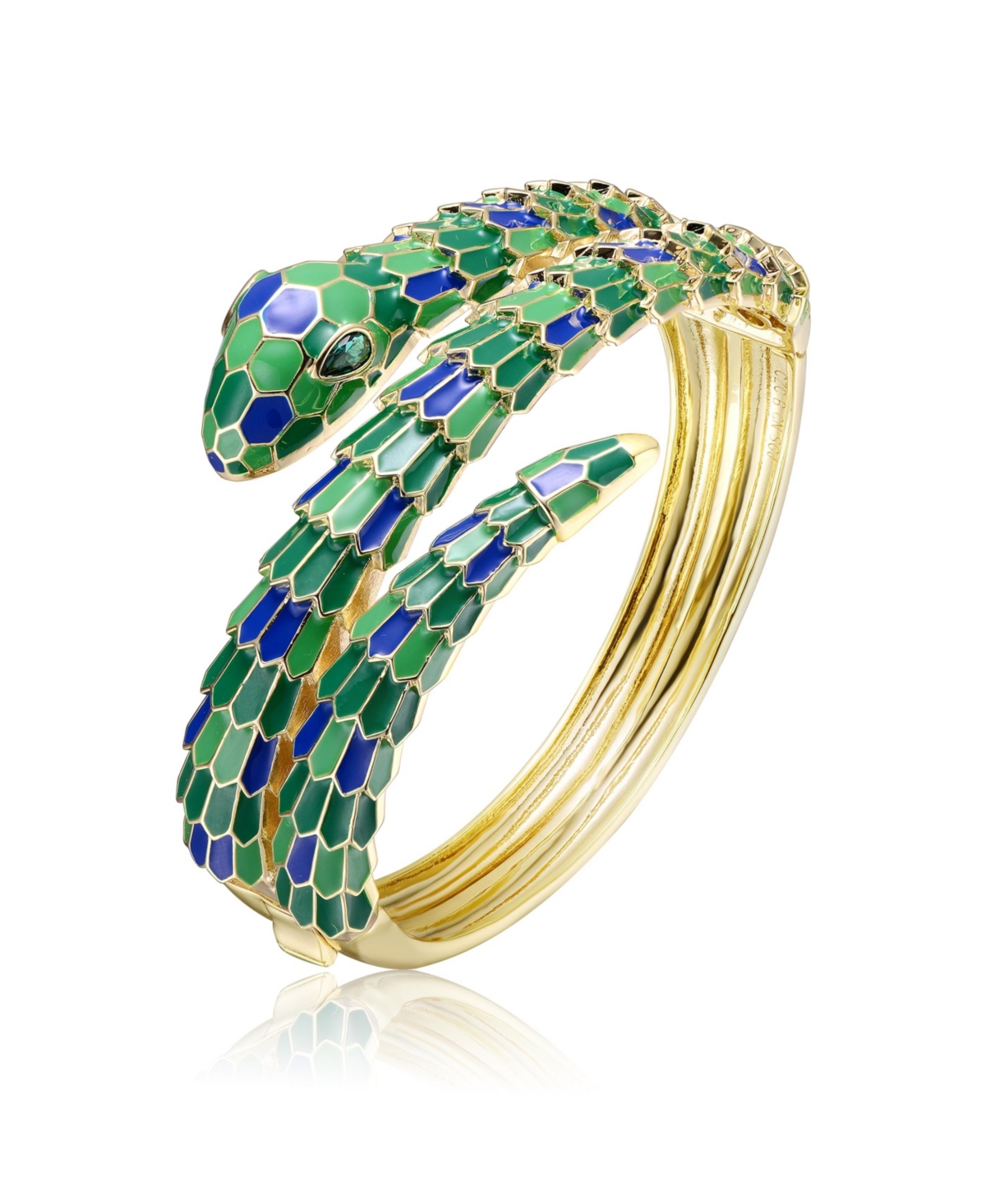 RACHEL GLAUBER 14K YELLOW GOLD PLATED WITH EMERALD CUBIC ZIRCONIA GREEN & BLUE ENAMEL 3D SERPENT COILED BYPASS WRAP