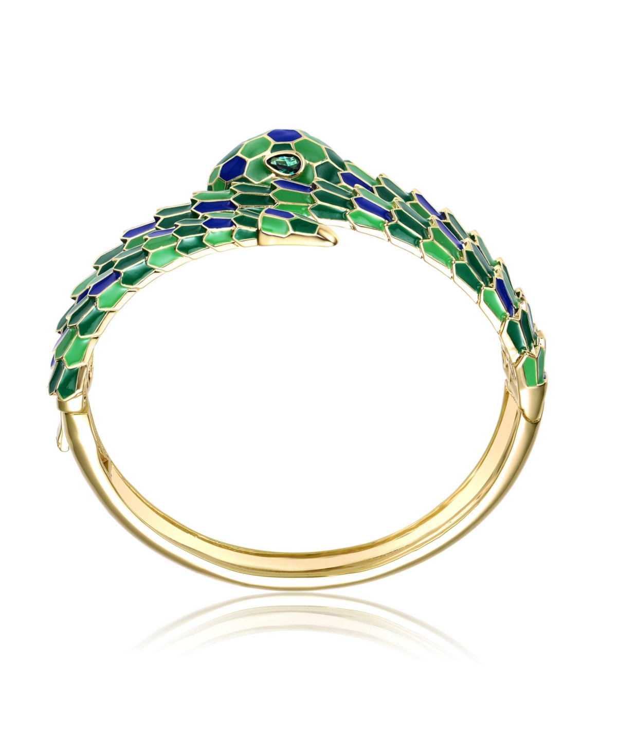 Rachel Glauber 14k Yellow Gold Plated withCubic Zirconia& Blue Enamel 3D Serpent Coiled Bypass Wrapped Bangle Bracelet - Green