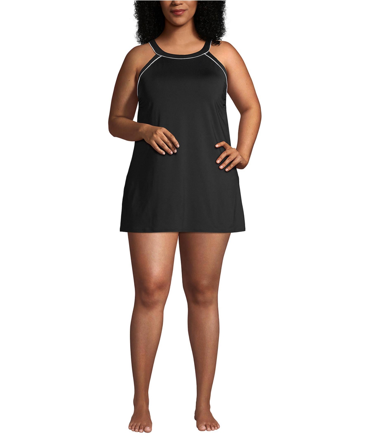 Lands' End Plus Size High Neck Swim Dress One Piece Swimsuit Adjustable Straps -white