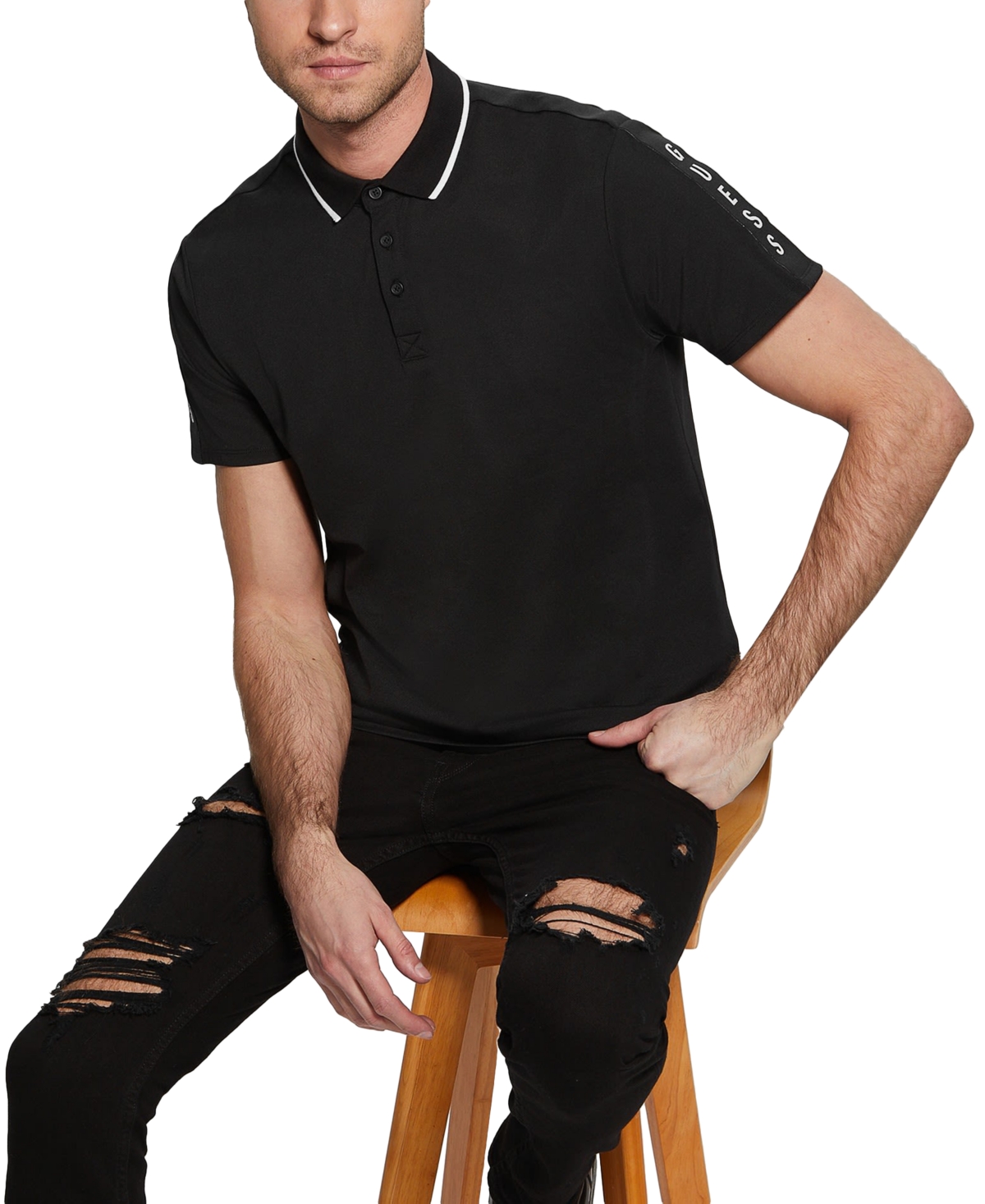 Guess Men's Logo Taped Tipped Collar Polo Shirt