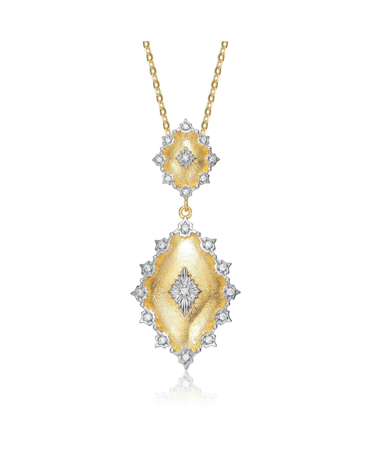 White Gold and 14K Gold Plated Cubic Zirconia Designed Pendant Necklace - Gold