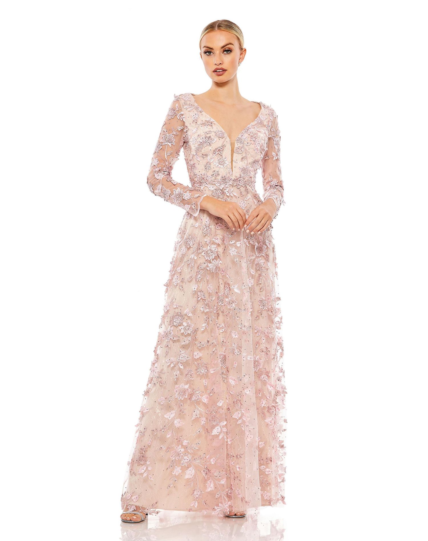 Women's Floral Applique Long Sleeve Illusion Gown