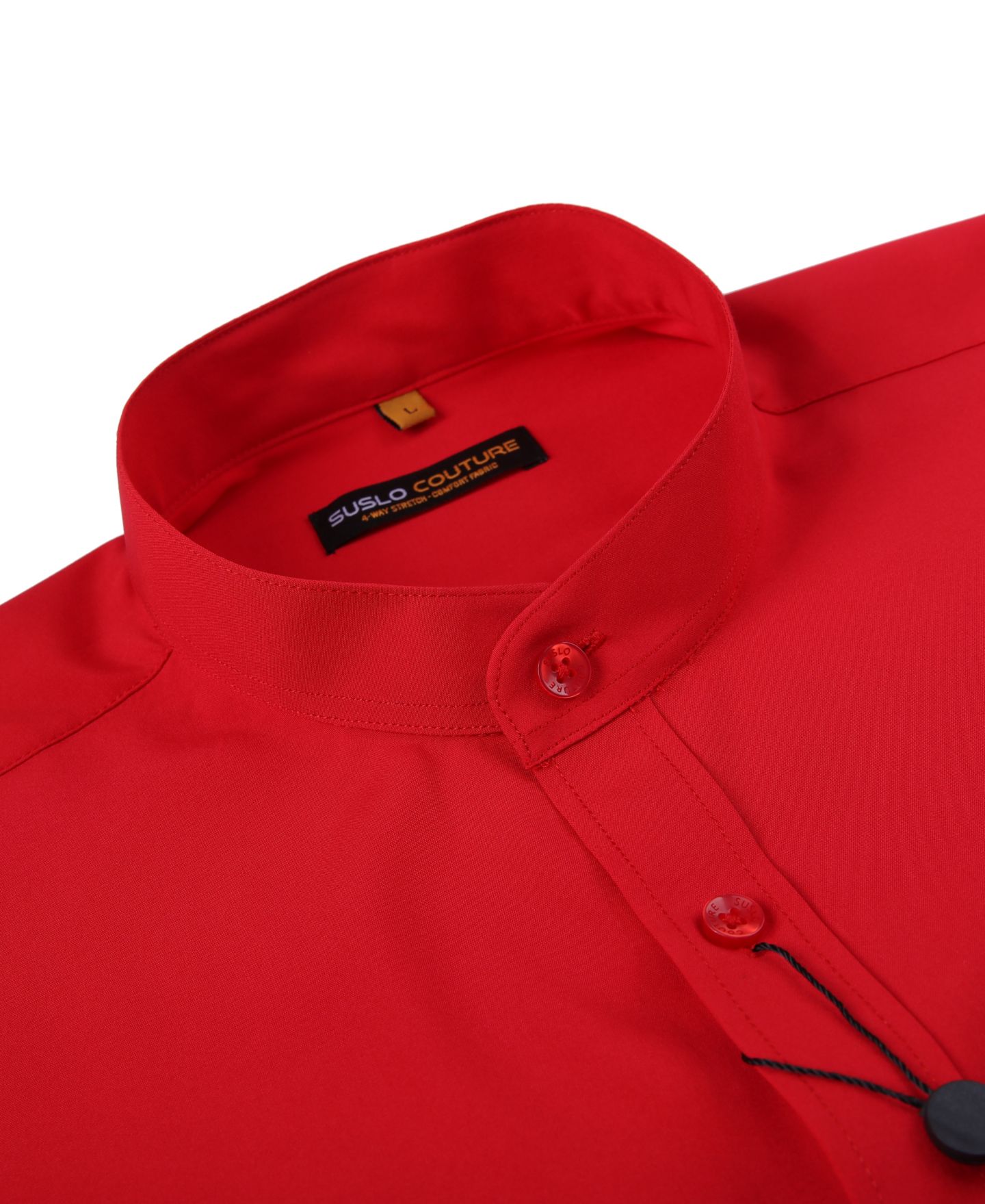 Мужская рубашка Suslo Couture Slim Fit Solid Performance Collarless Button Down Shirt, цвет: Красный — фото 3