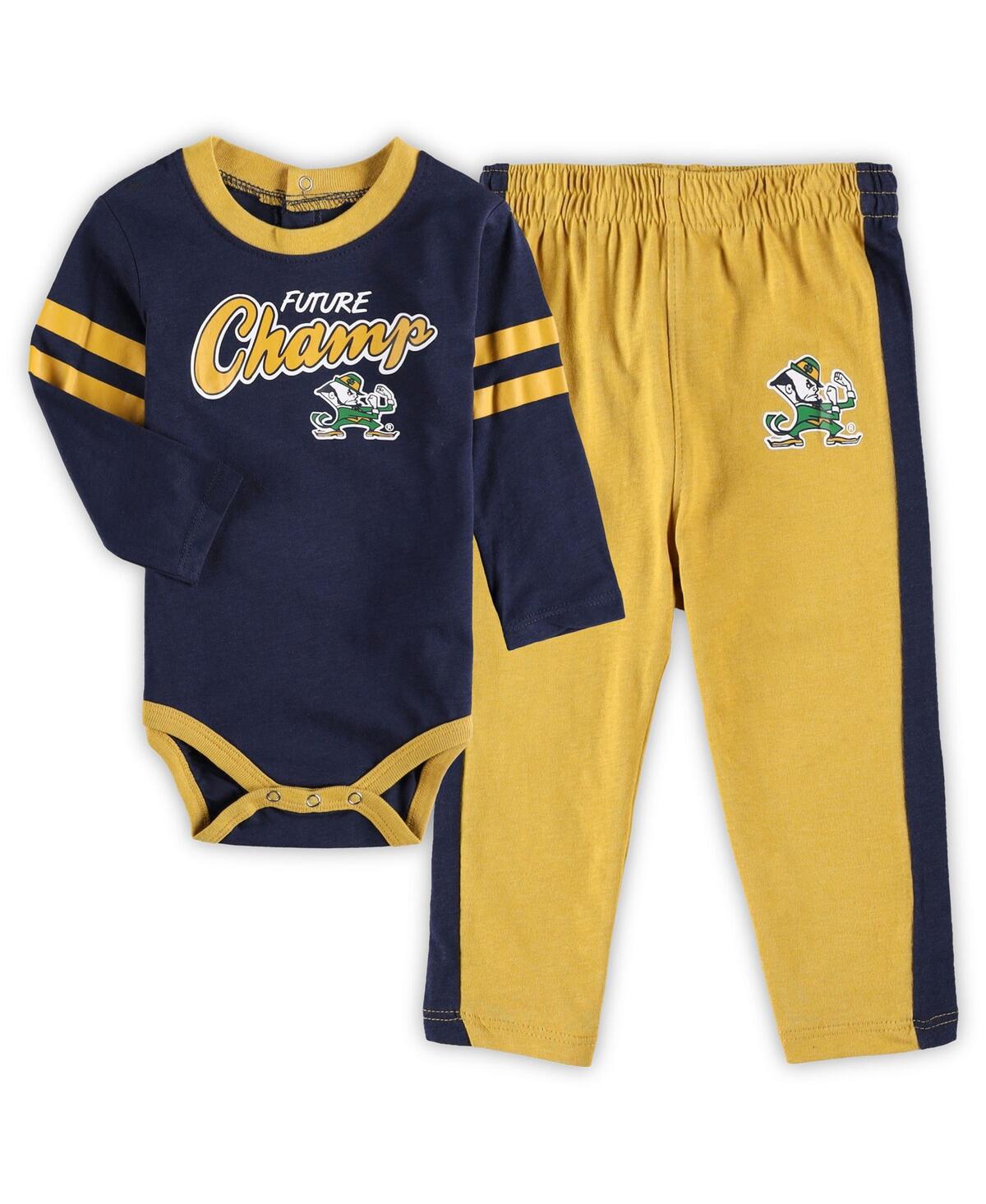 Shop Outerstuff Newborn And Infant Boys And Girls Navy, Gold Notre Dame Fighting Irish Little Kicker Long Sleeve Bod In Navy,gold