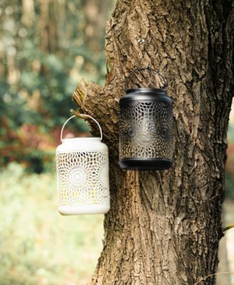 8.75" H Metal Cutout Solar Powered Outdoor Hanging Lantern with Edison Bulb, Set of 2 DNU