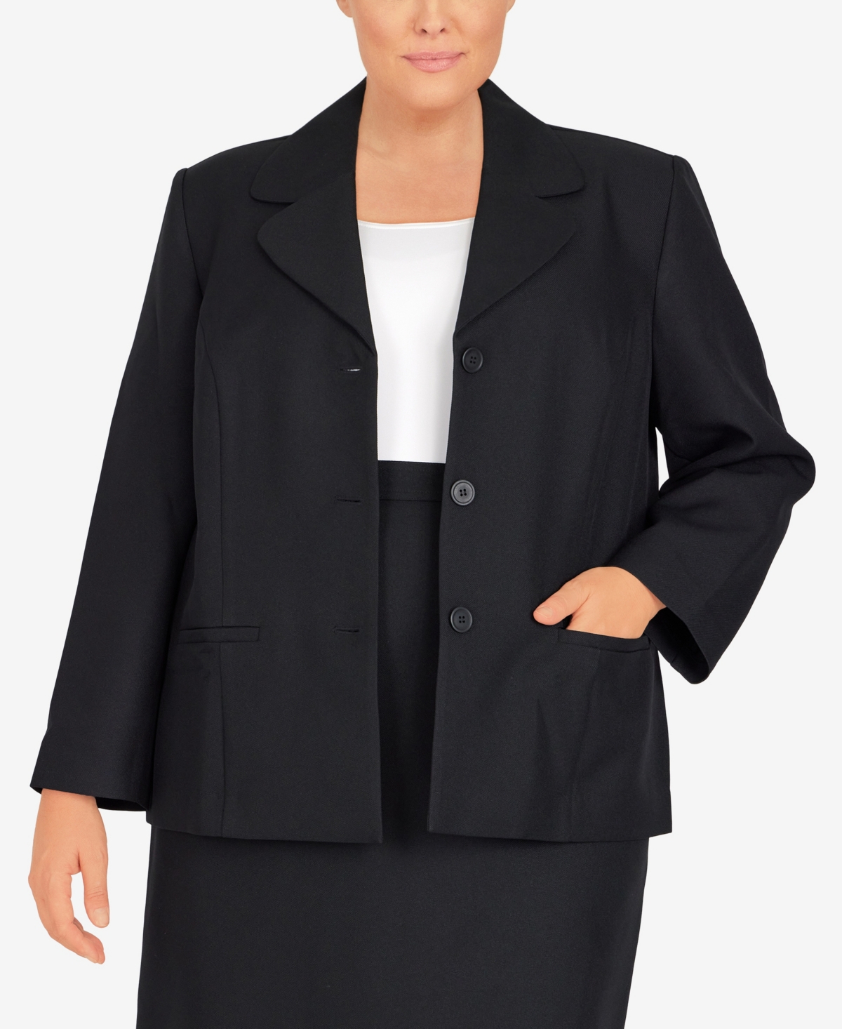 Alfred Dunner Plus Size Classic Chic Button Front Long Sleeve Jacket In Black
