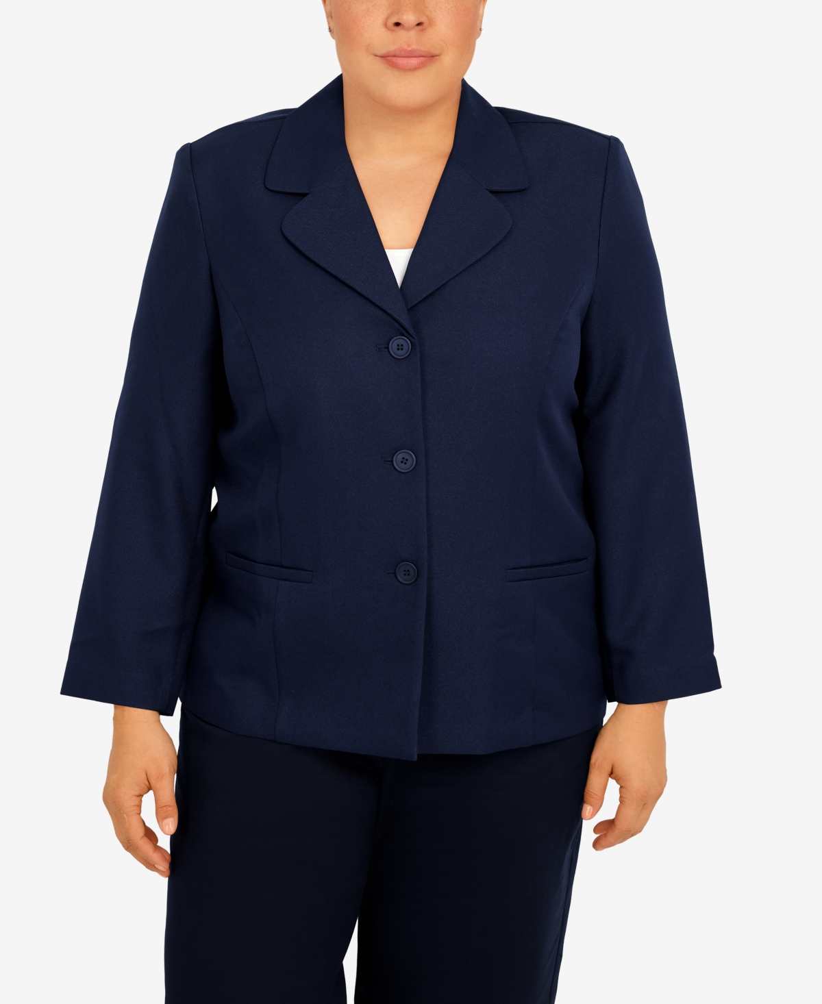 Shop Alfred Dunner Plus Size Classic Chic Button Front Long Sleeve Jacket In Navy