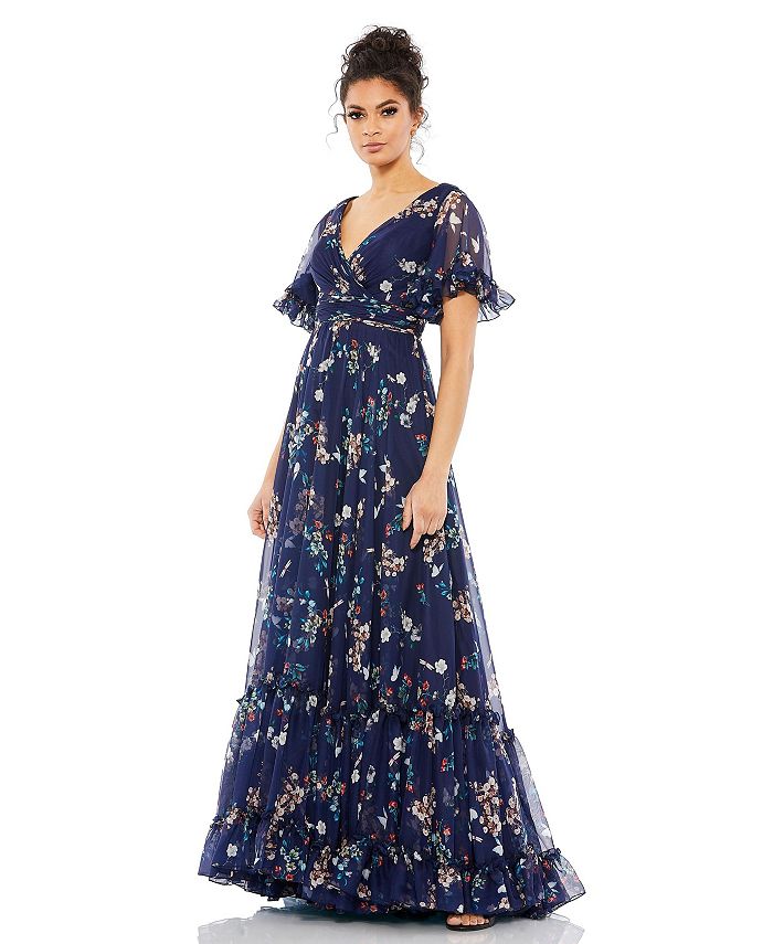 Mac Duggal Women's Women's Ieena Flounce Sleeve Floral Maxi Dress - Macy's