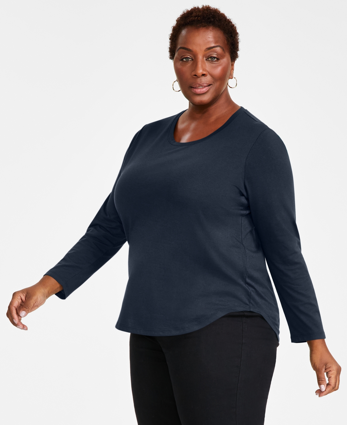 Style & Co Plus Size Long-sleeve Perfect T-shirt, Created For Macy's In Industrial Blue