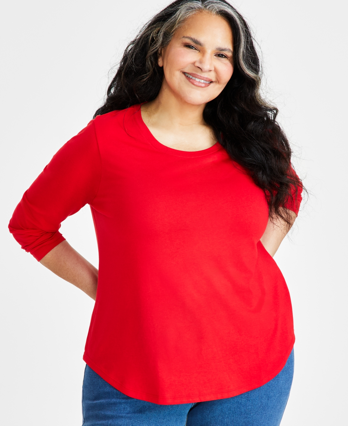 Style & Co Plus Size Long-sleeve Perfect T-shirt, Created For Macy's In Tango Red