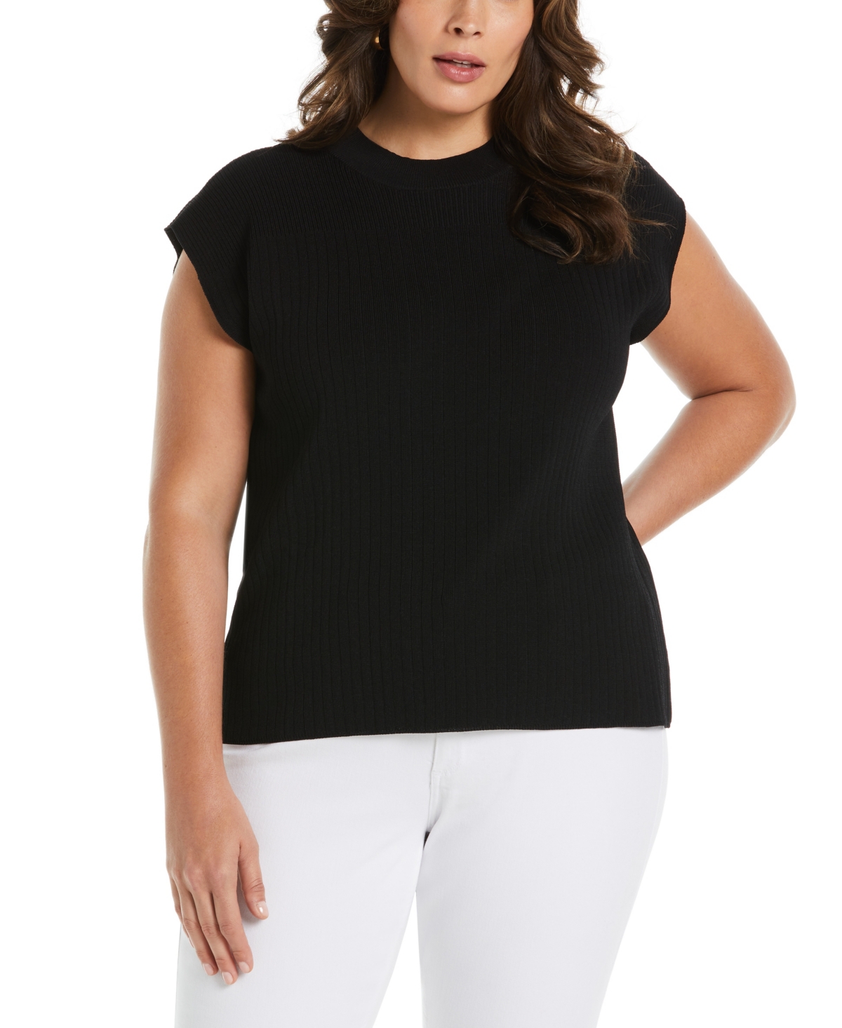 Ella Rafaella Plus Size Mixed Rib Mock Neck Sleeveless Sweater In Black
