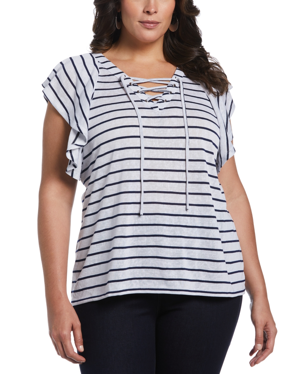 Plus Size Lace-Up Flutter Short Sleeve Top - White Multi