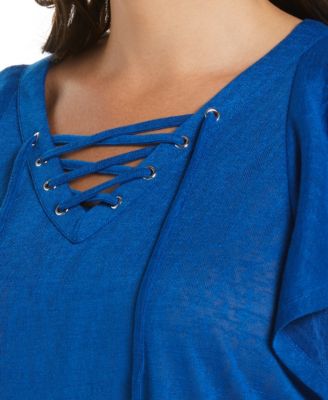 Plus Size Lace-Up Flutter Short Sleeve Top
