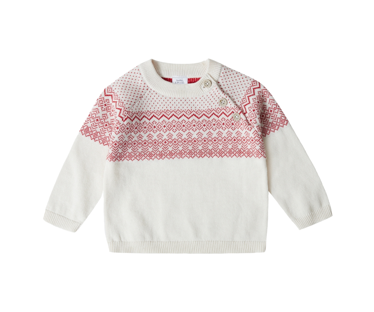 Stellou & Friends Toddler 100% Cotton Jacquard Design Long Sleeve Crew Neck Sweater w/ Shoulder Buttons, Unisex - Light blue with ocean blue  white