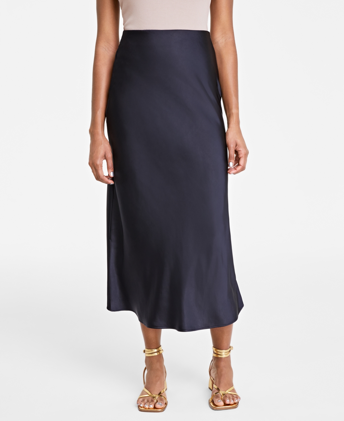 On 34th Women's Satin Midi Slip Skirt, Created For Macy's In Deep Black