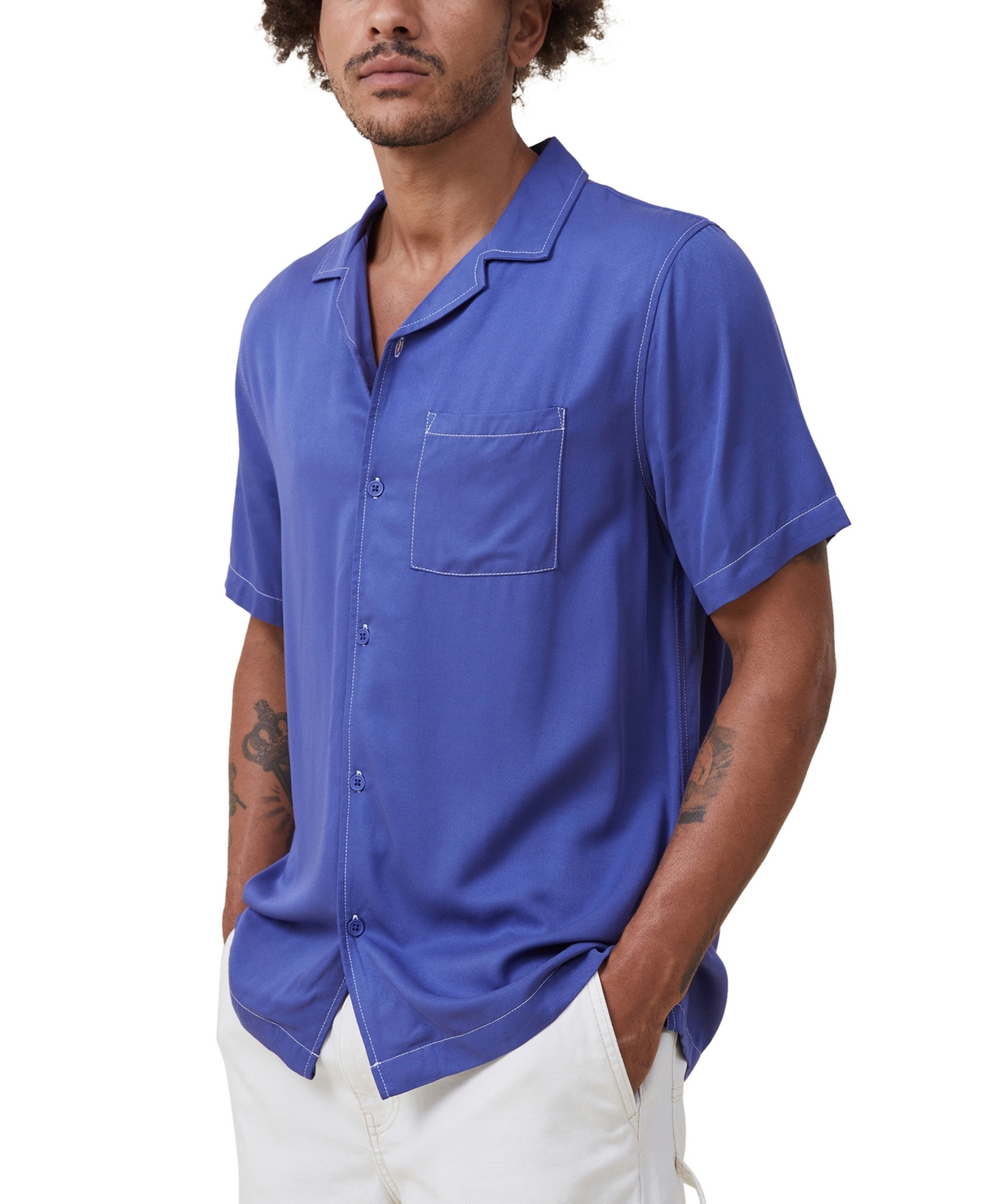 Cotton On Men's Riviera Short Sleeve Shirt In Worker Blue Pop Stitch