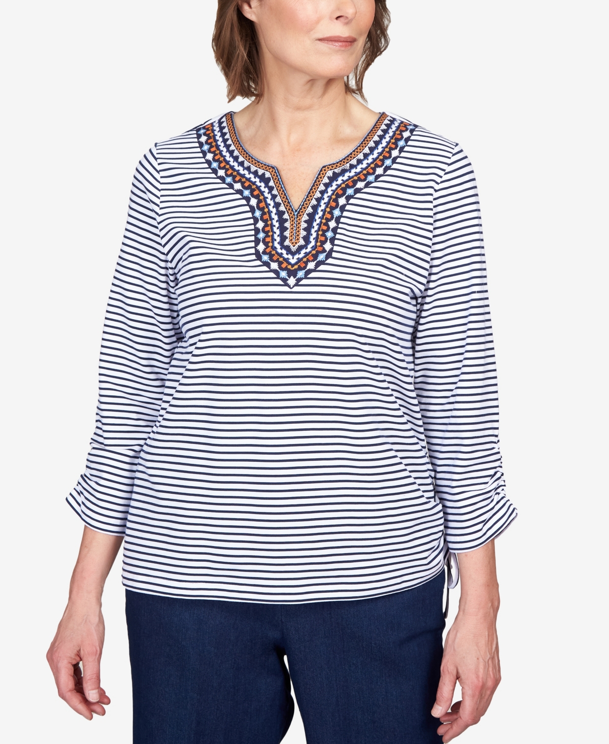 Alfred Dunner Petite Moody Blues Embroidered Striped Drawstring Top In Navy Multi