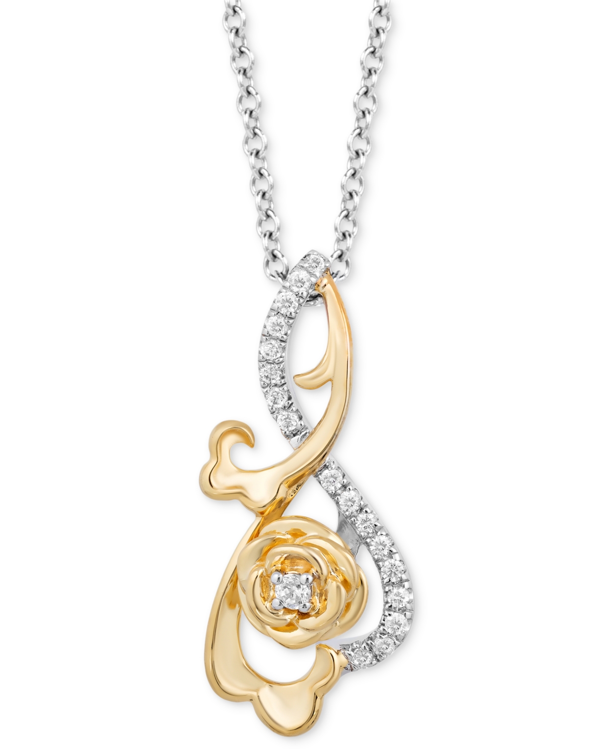 Diamond Belle Rose Pendant Necklace (1/6 ct. t.w.) in Sterling Silver & 10k Gold, 16" + 2" extender - Two-Tone