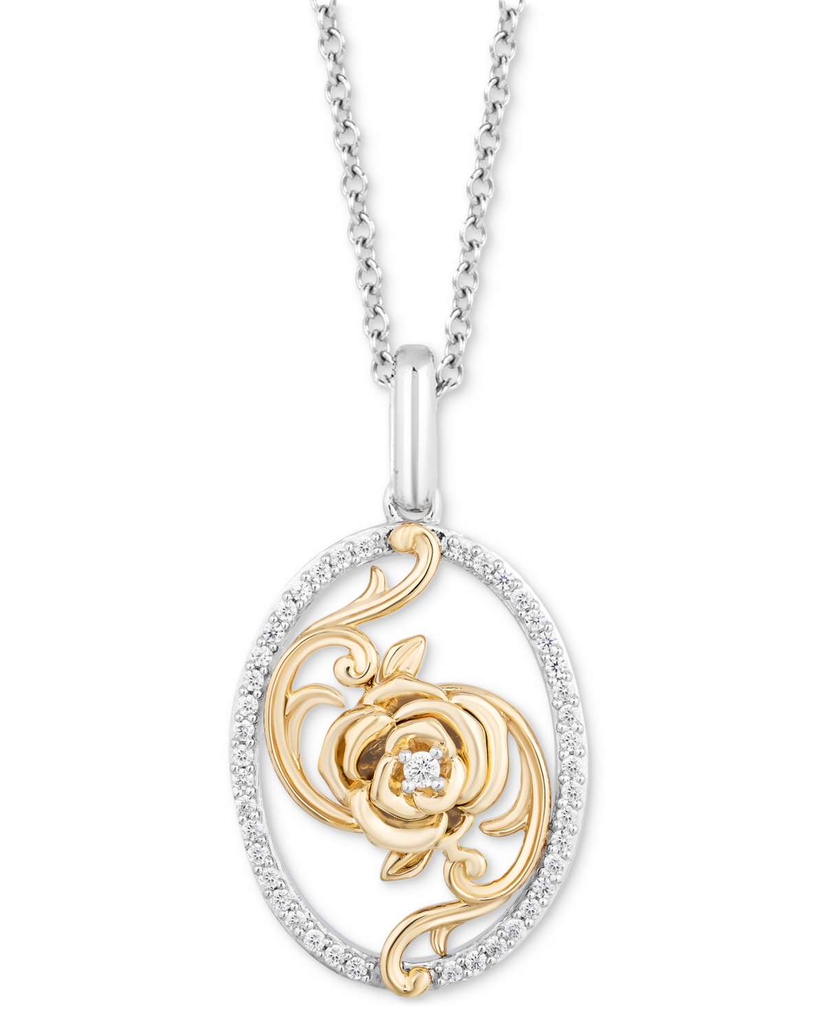Diamond Oval Belle Rose Pendant Necklace (1/6 ct. t.w.) in Sterling Silver & 14k Gold - Two-Tone