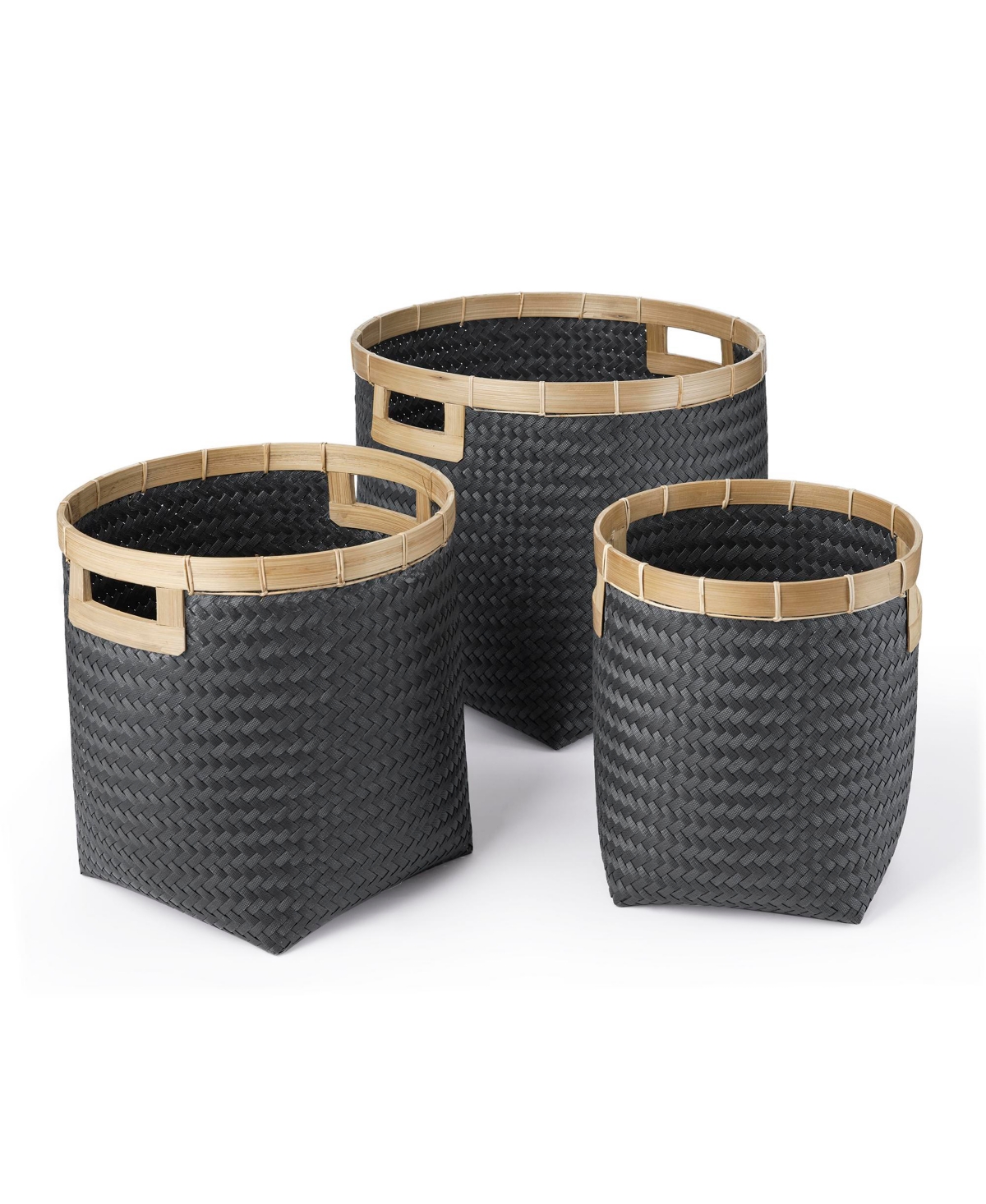 3 Piece Round Top and Square Bottom Bamboo Basket Set with Cut-Out Handles, Natural Rim - Black