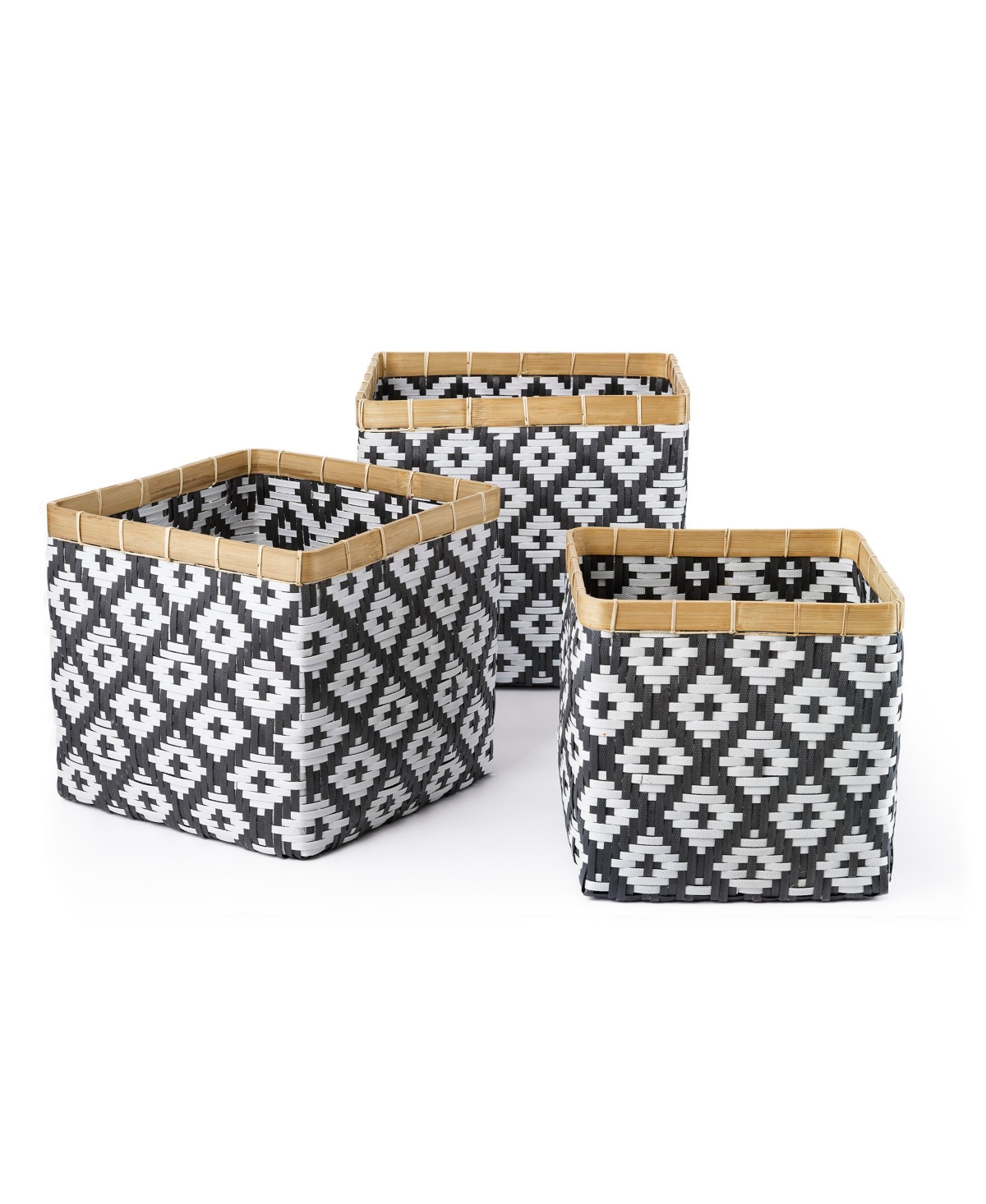 3 Piece Square Bamboo Basket Set with No Handles, Natural Rim - Black and White