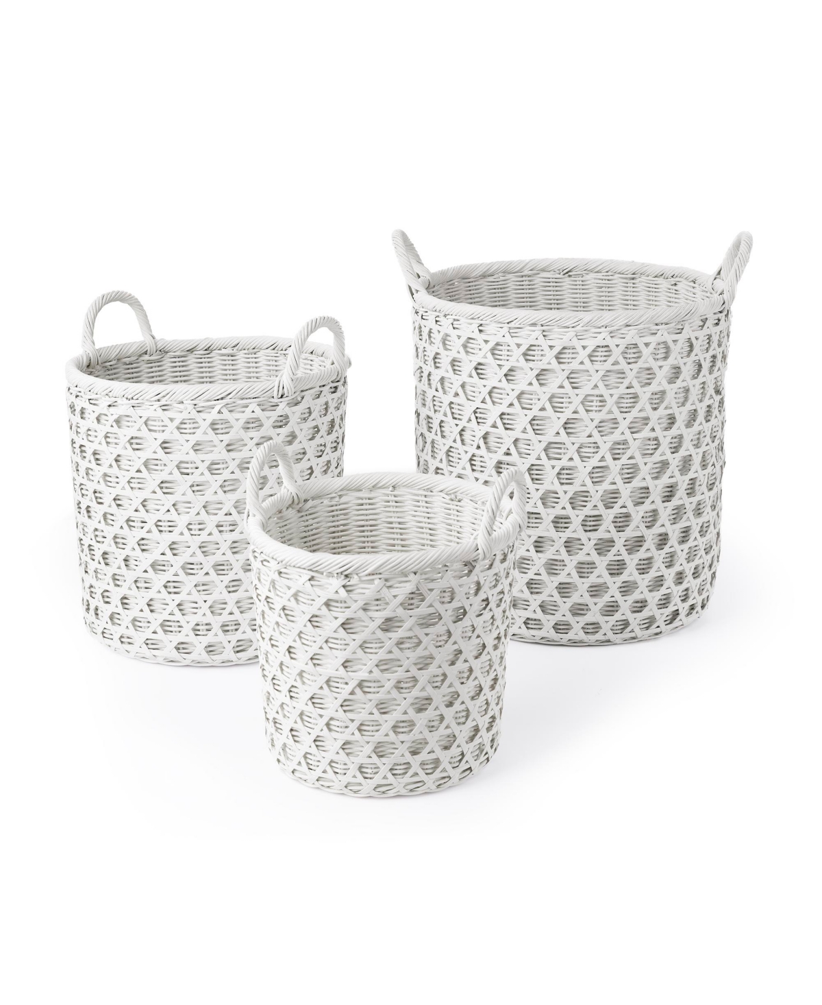 3 Piece Round Rattan and Bamboo Caning Basket Set with Ear Handles - White