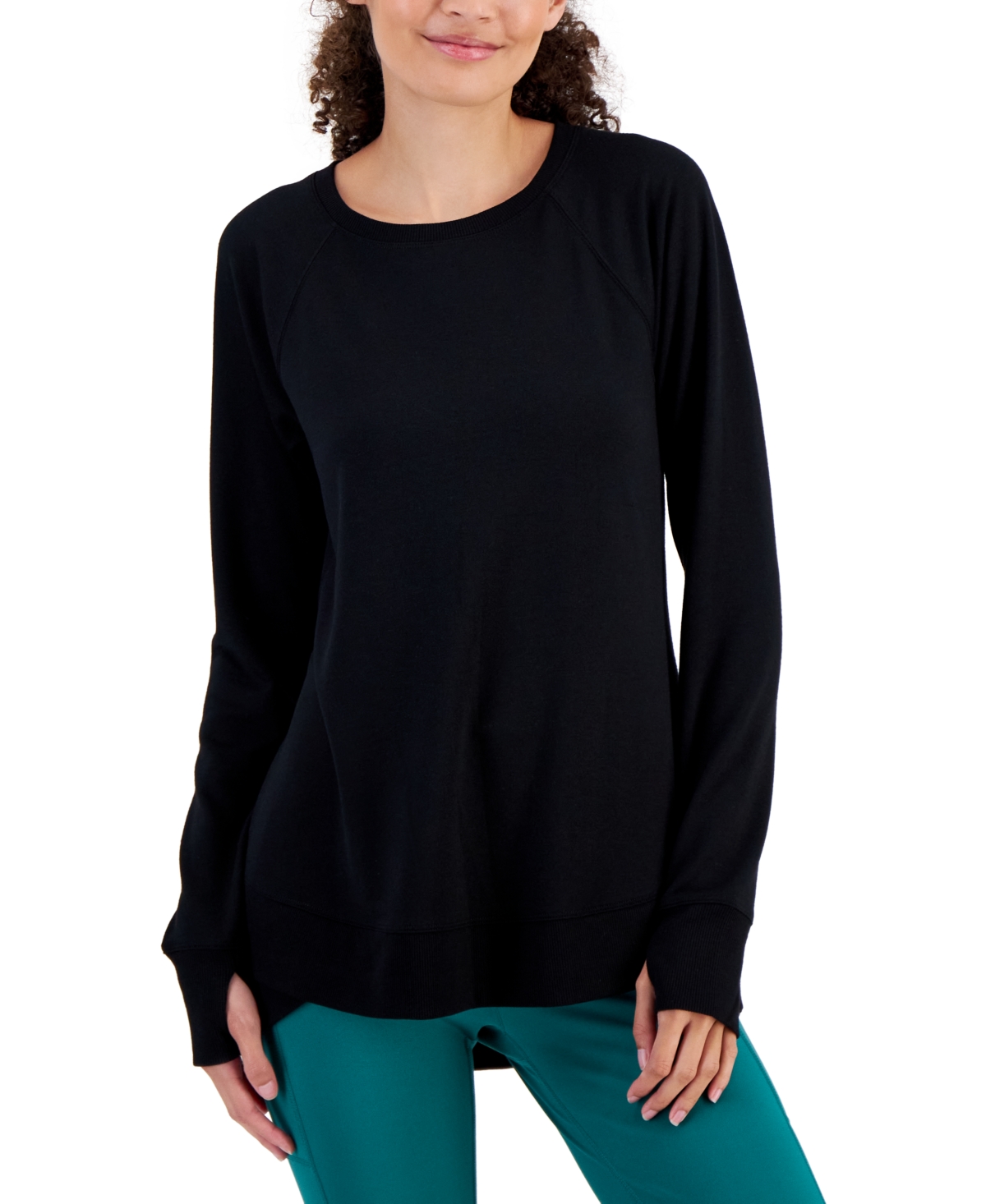 Id Ideology Women's Active Butter French-terry Long-sleeve Thumbhole Tunic Top, Created For Macy's In Deep Black