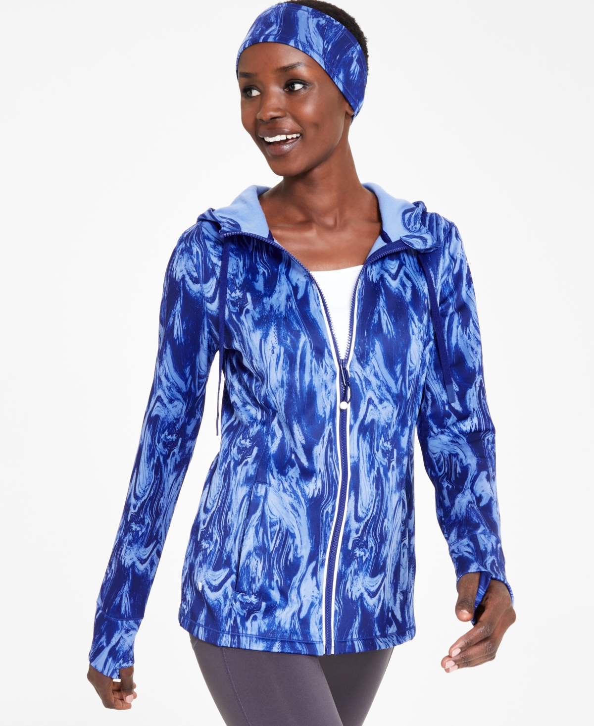Shop Id Ideology Women's Full-zip Jacket And Headband Set, Created For Macy's In Blue Boulder