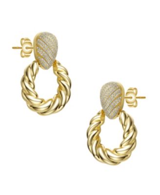 14k Yellow Gold Plated with Cubic Zirconia Pave Twisted Rope Drop Hoop Door Knocker Earrings