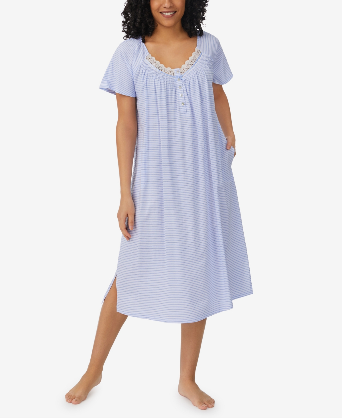 Aria Women's Short Sleeve Long Nightgown In Blue Stripe