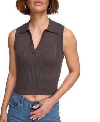 Calvin Klein Jeans - Petite Cotton Ribbed Crop Polo Top