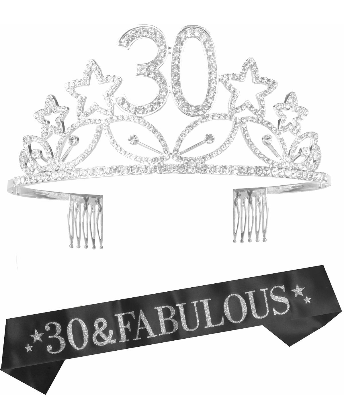 30th Birthday Sash and Tiara for Women - Fabulous Glitter Sash + Stars Rhinestone Premium Metal Tiara for Her, 30th Birthday Gifts for 30 Party - Silv